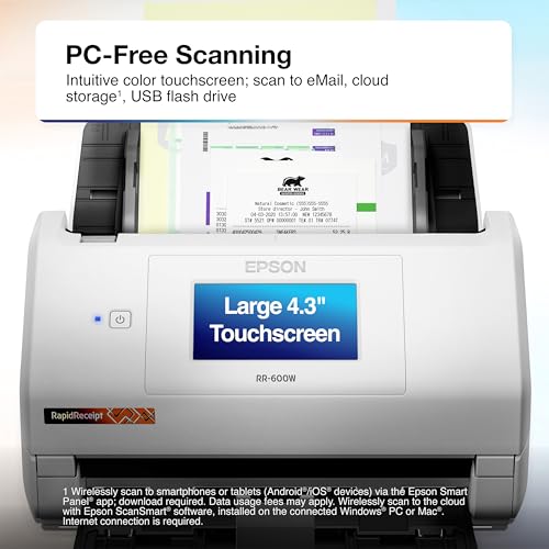 Epson RapidReceipt RR-600W Wireless Desktop Color 2-Sided Receipt & Document Scanner with ScanSmart AI PRO Receipt Management & PDF Software for PC & Mac, Touchscreen & 100-Page Auto Document Feeder