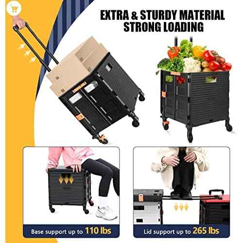 Foldable Utility Cart Folding Portable Rolling Crate Handcart Handcart Shopping Trolley Wheel Box with Lid,360¡ÆRotate Wheels,Heavy Duty Durable Dolly Cart for Teacher Tourist Shopping Office Outdoor