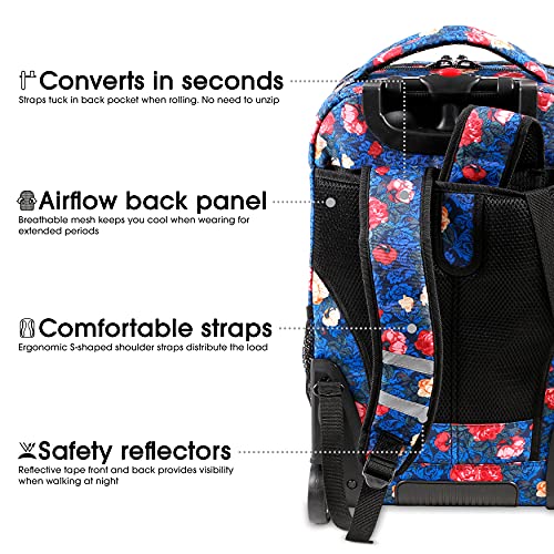 J World Sundance Laptop Rolling Backpack for Girls Boys. Roller Bookbag with Wheels, Vintage Rose