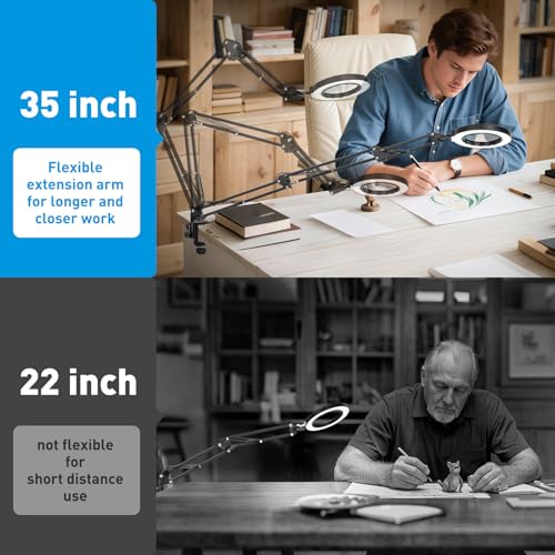KIRKAS 12X Magnifying Glass with Light Large Clamp, Real Glass Lens Lighted Magnifying Lamp, 3 Section Swing Arm and 5 Color Modes 10 Levels Dimming LED Mgnifier for Reading Craft Hobby Close Work