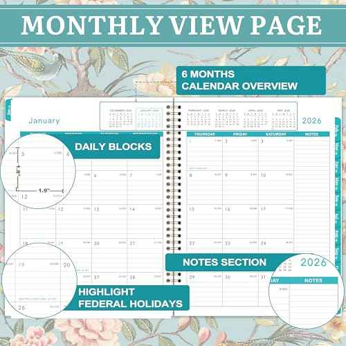 2026 Monthly Planner - 2026 Planner with Tabs, Monthly Planner/Calendar 2026, Jan. 2026 - Dec. 2026, 9" x 11", Strong Gold Twin-wire Binding, Back Pocket, Note Pages - Floral