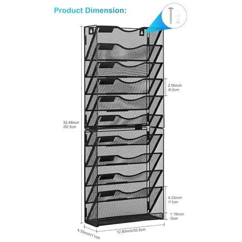 10-Tier Wall File Organizer, Mesh Mail Organizer Wall Mounted Paper Document Holder, Vertical Magazine Rack, Metal Hanging Clipboard Storage Basket for Office Home School Organization, Black