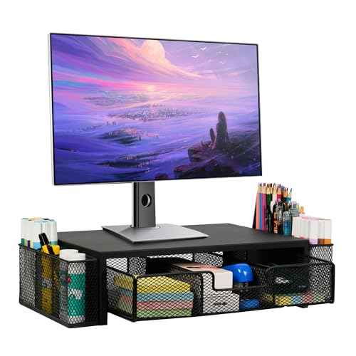 Computer Monitor Stand Riser with Drawer and Pen Holders, Desk Organizer Shelf and Accessories, Office Desk Accessories, Office Organization, Black