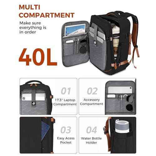 Vancropak 40L Travel Backpack for Women & Men, Large Expandable Carry on Backpack for Airplanes with 3 Packing Cubes, Airline Approved Water Resistant Anti Theft Travel Bag fit 17" Laptop, Black Brown