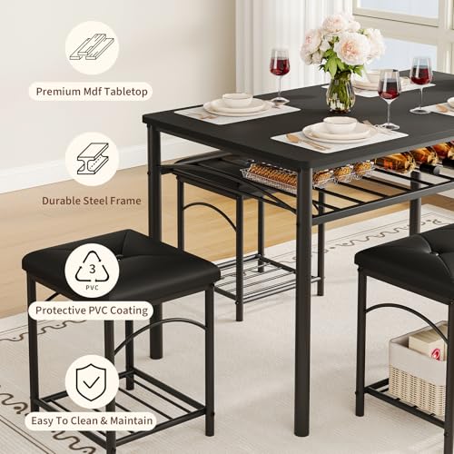 GarveeHome 4-Person Dining Table Set with Upholstered Benches, Black for 4