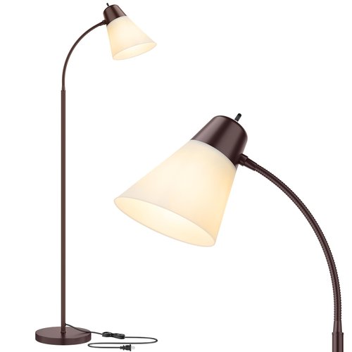 Coucrek Floor Lamp for Living Room, Adjustable Gooseneck Standing Lamp with White Plastic Shade, Brown Reading Floor Lamps for Dorm, Bulb not Included
