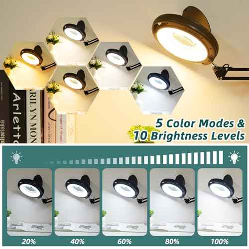 10X Magnifying Glass with Light and Stand, Head Button Control Magnifier Lamp with Dust Cover, 5 Color Modes Dimmable LED Lighted Magnifier with Clamp & Base for Painting Craft Close Work