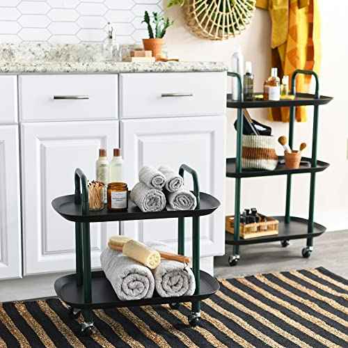 Main + Mesa Modern Plastic and Metal 3-Tier Trolley, Black and Dark Green