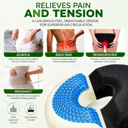 Donut Gel Sitting Pillow – Large Orthopedic Memory Foam Coccyx Cushion for Tailbone Pain