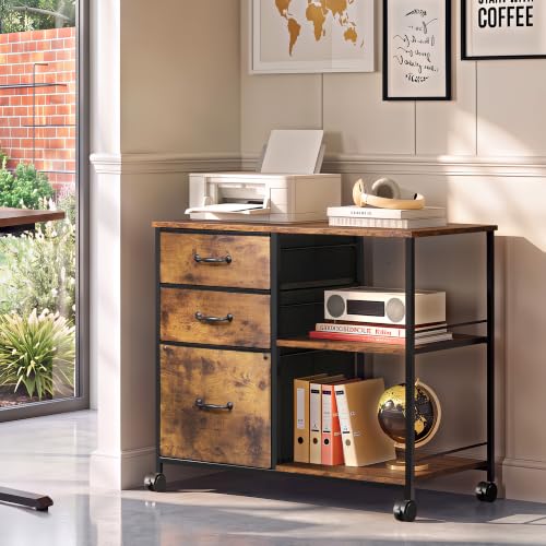 DEVAISE 3-Drawer Mobile File Cabinet with Fabric Drawers, Rustic Brown Wood Grain - No Charging Station