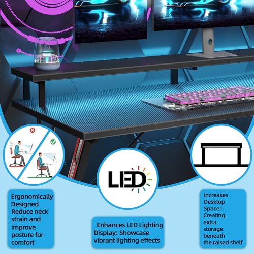 TIQLAB Gaming Desk with Power Outlets & LED 32 Inch Ergonomic Computer Carbon Fiber Surface Gamer Desk, Large Monitor Stand, Headphone Hook, PC Workstation for Bedroom, Black