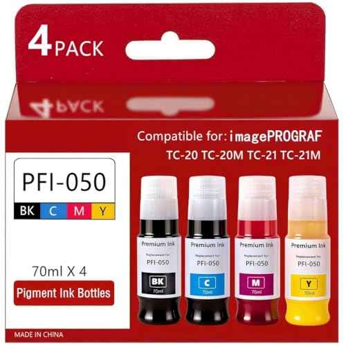 PFI-050 70ml Pigment Ink Tank Set Remanufactured for Canon PFI-050 PFI050 PFI 050 Ink Bottle Compatible with Canon imagePROGRAF TC-20 TC-20M Printer (BK C M Y) tc20m tc20 Ink Refills