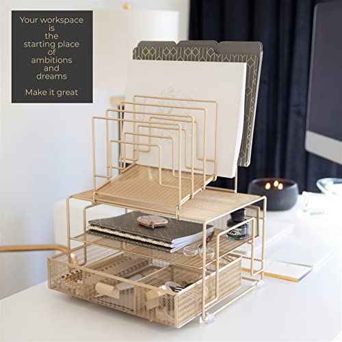 BLU MONACO Gold Workspace Desk Organizer - Desktop Rack with File Sorters and Drawer for Office Supplies, Paper, Devices, and Folders