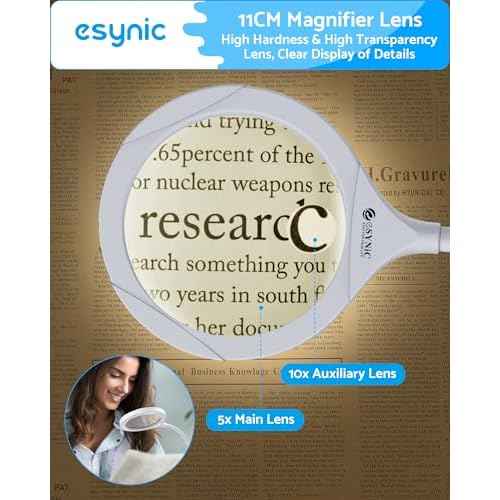 eSynic Magnifying Glass with Light and Stand USB-C Rechargeable 5X &10X 110mm Large Len 15 LEDs 3 Brightness Levels Flexible Desktop Magnifier Lamp with Clamp & Base for Reading Crafts Jewelry Repair