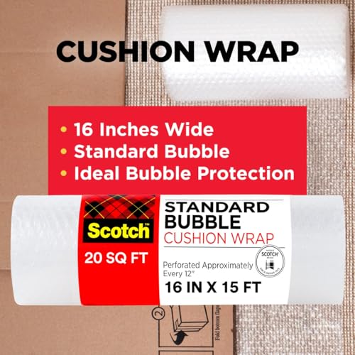 3M Scotch Cushion Wrap, 16 in x 15 ft. (20 sq ft) Perforated Bubble Roll for Shipping & Storage