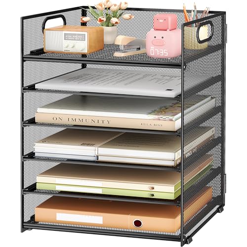 SUBEKYU Black 6-Tier Paper Organizer with Handle - Desk Storage & File Tray