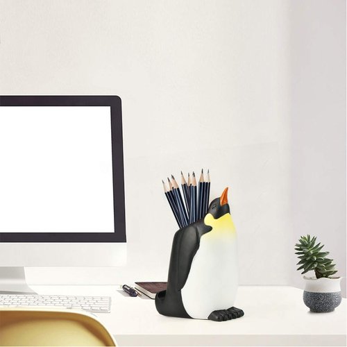 COOLBROS Pen Pencil Holder with Phone Stand, Resin elephant Shaped Pen Container Cell Phone Stand Carving Brush Scissor Holder Desk Organizer Decoration for Office Desk Home Decorative (Penguin)