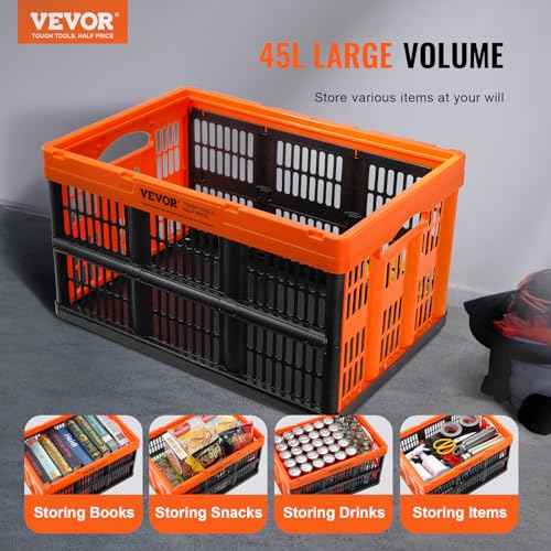 VEVOR 45L Collapsible Milk Crates 3 Packs, Stackable Storage Baskets with Handles, Folding Storage Containers for Organizing Tools, Books, Food, Drinks, Camping & Transport