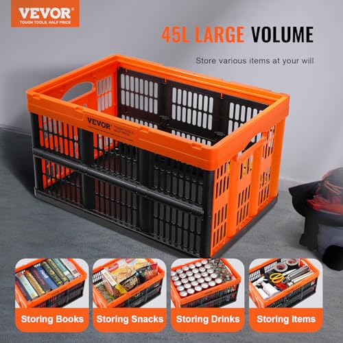 VEVOR 45L Orange & Black Collapsible Storage Basket - Folding Plastic Crate, Pack of 3