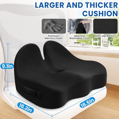 DailyCuddles Large Black Memory Foam Seat Cushion with Rabbit Ear Edges, Office Chair Pad