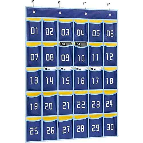 MISSLO Classroom Cell Phone Calculator Holder Numbered 30 Pockets Chart Hanging Wall Door Storage Organizer (Blue)