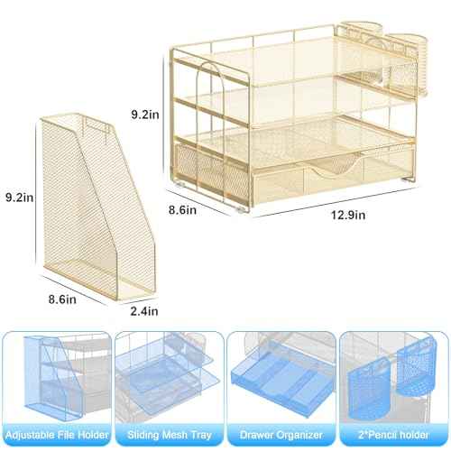 gianotter Desk Organizers and Accessories with File Holder, 4-Tier Desk Accessories & Workspace Organizers with Drawer and 2 Pen Holder, Paper Organizer for Office Supplies(Gold)