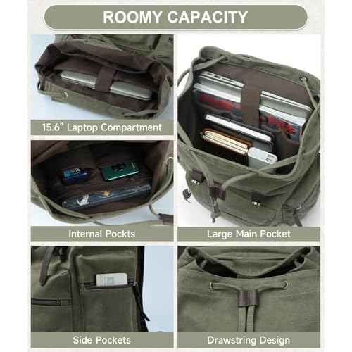 Vintage Canvas Backpack for Men Olive Green Rucksack Fit 15.6 inch Laptop Retro Flap Daypack for Casual Hiking Travel Commute