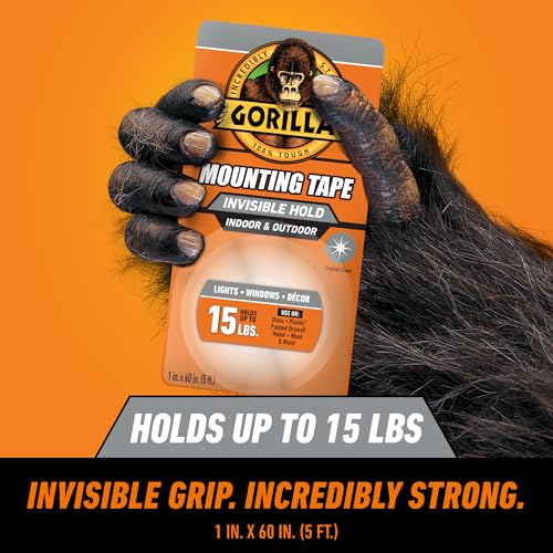 Gorilla Invisible Hold Mounting Tape 1" x 60" Clear, Holds Up to 15 lbs, Indoor & Outdoor Use