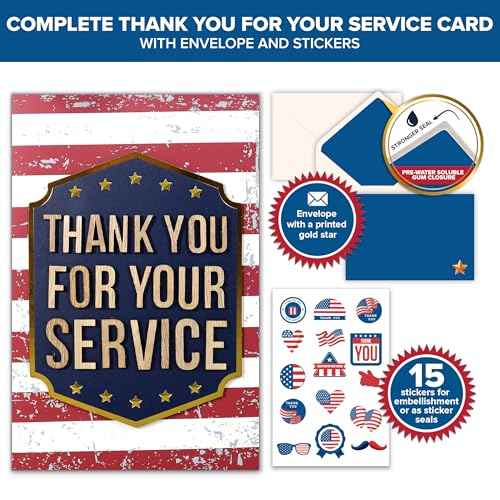 Decorably Gold-Foiled 5x7in Handmade Individual Thank You for Your Service Cards For Veterans with Wooden Letters on Die-Cut Badge, Military Retirement Card with Envelopes, Stickers & Printed Message