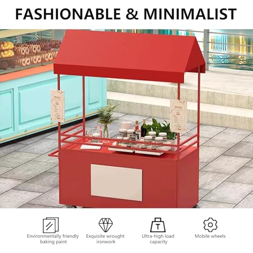 120cm Orange Food Vending Cart with Waterproof Canopy & Lockable Swivel Wheels