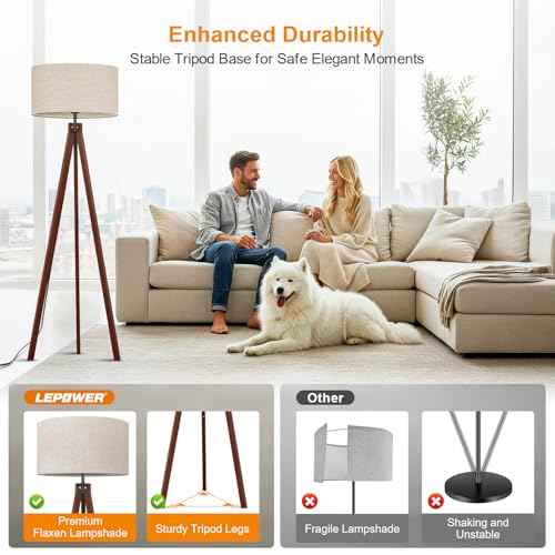 LEPOWER Wood Tripod Floor Lamp, Mid Century Standing Lamp, Modern Design Studying Light for Living Room, Bedroom, Study Room and Office, Flaxen Linen Shade with E26 Base Brown