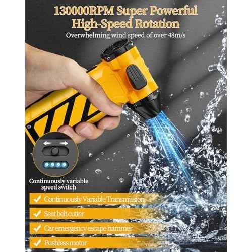 Compressed Air Duster,Infinitely Variable Speed£¬130000RPM Electric Jet Dry Blower with Safety Hammer,Cordless Rechargeable Air Duster for Cleaning PCs/Keyboards/Car Washing (Yellow)