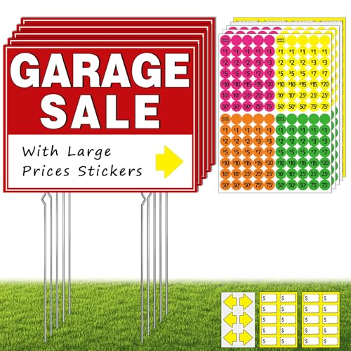 Garage Sale Kit (10 Pcs), 5 Pack Garage Sale Signs with Metal Stakes, 5 Pack Yard Sales Price Stickers, Directional Arrows Sign, Yard Sales Supplies, Double Sided, Weatherproof, Large Price Tags