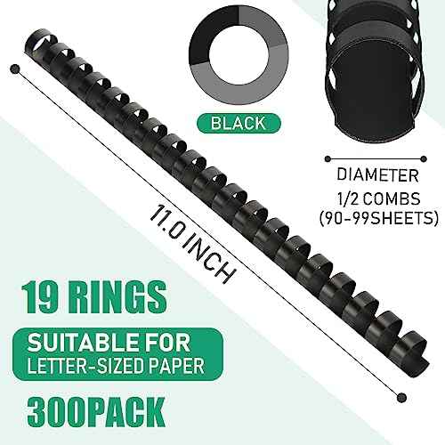 Maitys 300 Pcs Plastic Binding Combs Bulk 19 Ring Comb Spines Letter Size Spiral Binding for Notebook Calendar Picture(1/2 Inch,Black)