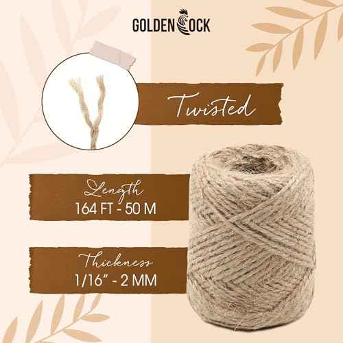 2mm - 164FT Natural Jute Twine Rope String - for Crafts Gardening Plant Accessories Gift Wrapping, Arts Packing Material Christmas Twine Bulk Wedding Decor