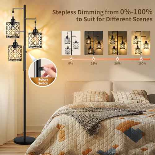 68" Dimmable Floor Lamp, Farmhouse Standing Lamp with Elegant Metal Cage, Industrial Tall Tree Floor Lamps for Living Room, Bedroom, Study Room, Office (2000LM LED Bulbs Included) - Black