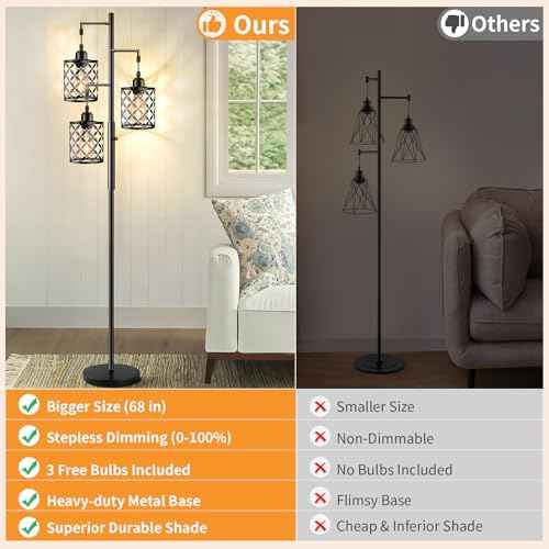 68" Dimmable Floor Lamp, Farmhouse Standing Lamp with Elegant Metal Cage, Industrial Tall Tree Floor Lamps for Living Room, Bedroom, Study Room, Office (2000LM LED Bulbs Included) - Black