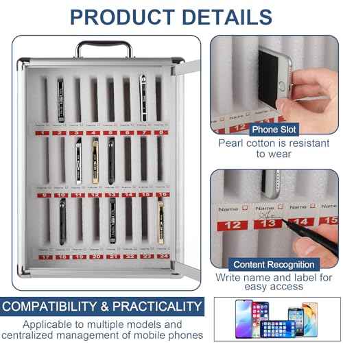 Aluminum Cell Phone Lock Box with Key 24 Slots Aluminum Alloy Pocket Chart Storage Cabinet for Cell Phone Locker Wall-Mounted Cell Phone Box Cell Phone Storage Cell Phone Jail for Office