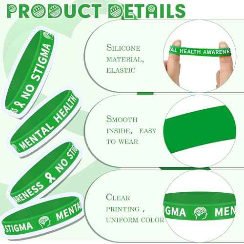 Leyndo Mental Health Awareness Silicone Bracelet Green Rubber Silicone Wristbands Bulk Unisex Motivational Mental Health Bracelet Gift for Women Men Teen Public Charity Events Supplies