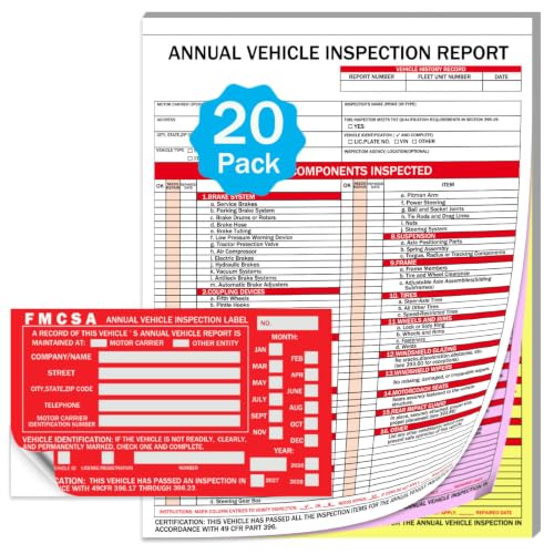 20-Pack Annual Vehicle Inspection Report Forms with Red FMCSA Aluminum Labels — 3-Ply Carbonless, 8.27 x 11 in, Tear Line, DOT Compliant