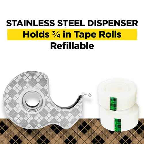 Scotch Magic Tape Stainless Steel Refillable Dispenser with Plant-Based Adhesive Refill Pack, Includes 2 Rolls of Invisible Tape, 3/4 in x 550 in