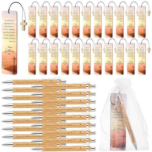 Spakon 75 Sets Father's Day Christian Gift with Bible Verse Bamboo Pen Religious Bookmarks Wooden Scripture Bookmarks with Organza Bags Christian Gifts for Dad Pastor Church Group Favor