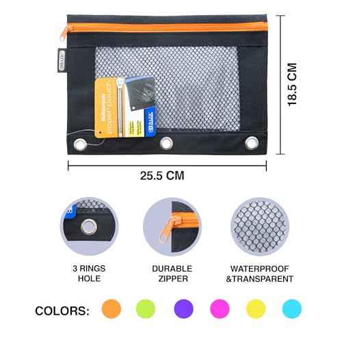 BAZIC Products Pencil Pouch 3 Ring Binder Pouch w/Rivet Enforced Rings Holes, Neon Black Color Mesh Window Zipper Pouches, 24-Pack