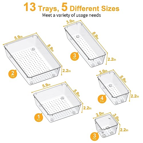 SMARTAKE 13-Piece Clear Drawer Organizer Set with Non-Slip Silicone Pads - 5 Sizes, Includes Variation 13 PCS / Clear