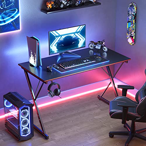 CubiCubi Gaming Desk 47 Inch PC Computer Desk, Carbon Fiber Home Office Desk Table Gamer Workstation, Simple Game Table with Headphone Hook, Dark Black