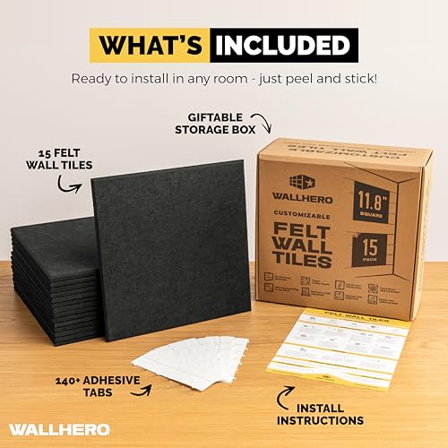 WallHero Black Large Cork Board 59"x36" with 15 Felt Wall Tiles Set