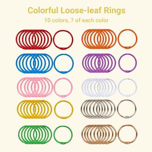 70Pcs Binder Rings, 1 1/5 Inch Metallic Loose Leaf Binder Ring, Binding Rings for Index Cards, Colorful Book Keychain Key Rings for Paper Notebook Office School Home, 10 Colors