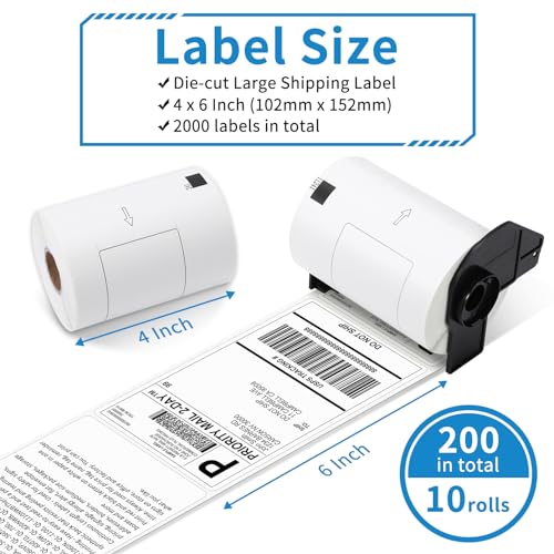 MarkDomain Replace for Brother DK-1241 (4" x 6") Die-Cut Shipping Labels Use with Brother QL-1100NWB QL-1100 Label Printer, (102mm x 152mm) 200 per roll, 10 Rolls (2000 Labels) + 1 Frame