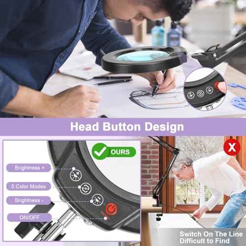 10X Magnifying Glass with Light and Clamp, Real Glass Lens, 5 Color Modes LED Dimmable Magnifier, Hands Free for Crafts, Jewelry, Painting, Sewing, Close Work
