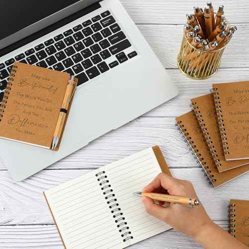 Yeaqee 30 Sets Employee Appreciation Gift Thank You Gifts 30 Pcs Inspirational Spiral Kraft Notebook and 30 Pcs Motivational Bamboo Pen Retractable Wooden Pen for Colleague Employee Nurse Teacher